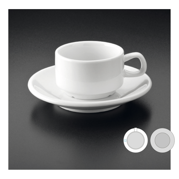 Witte porseleinen koffiekopjes en schotels